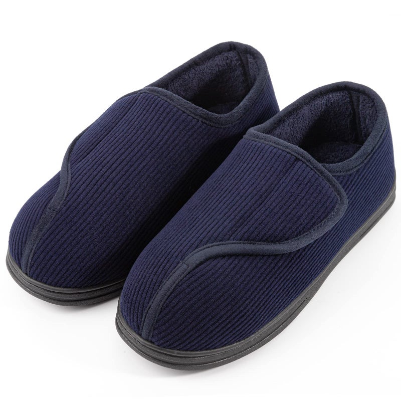 LongBay Men's Memory Foam Diabetic Slippers Comfy Warm Plush Fleece Arthritis Edema Swollen House Shoes (10, Navy Blue) - Image 1
